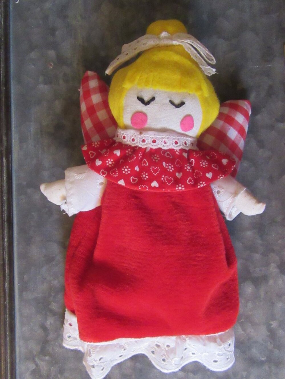 Decorative Fiber Art Country Folk Art Angel in Red w. Gingham Wings cottagecore